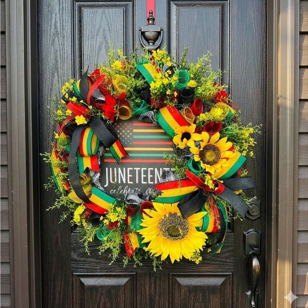 Juneteenth Celebration Sunflower Wreath - Yellow, Red & Green